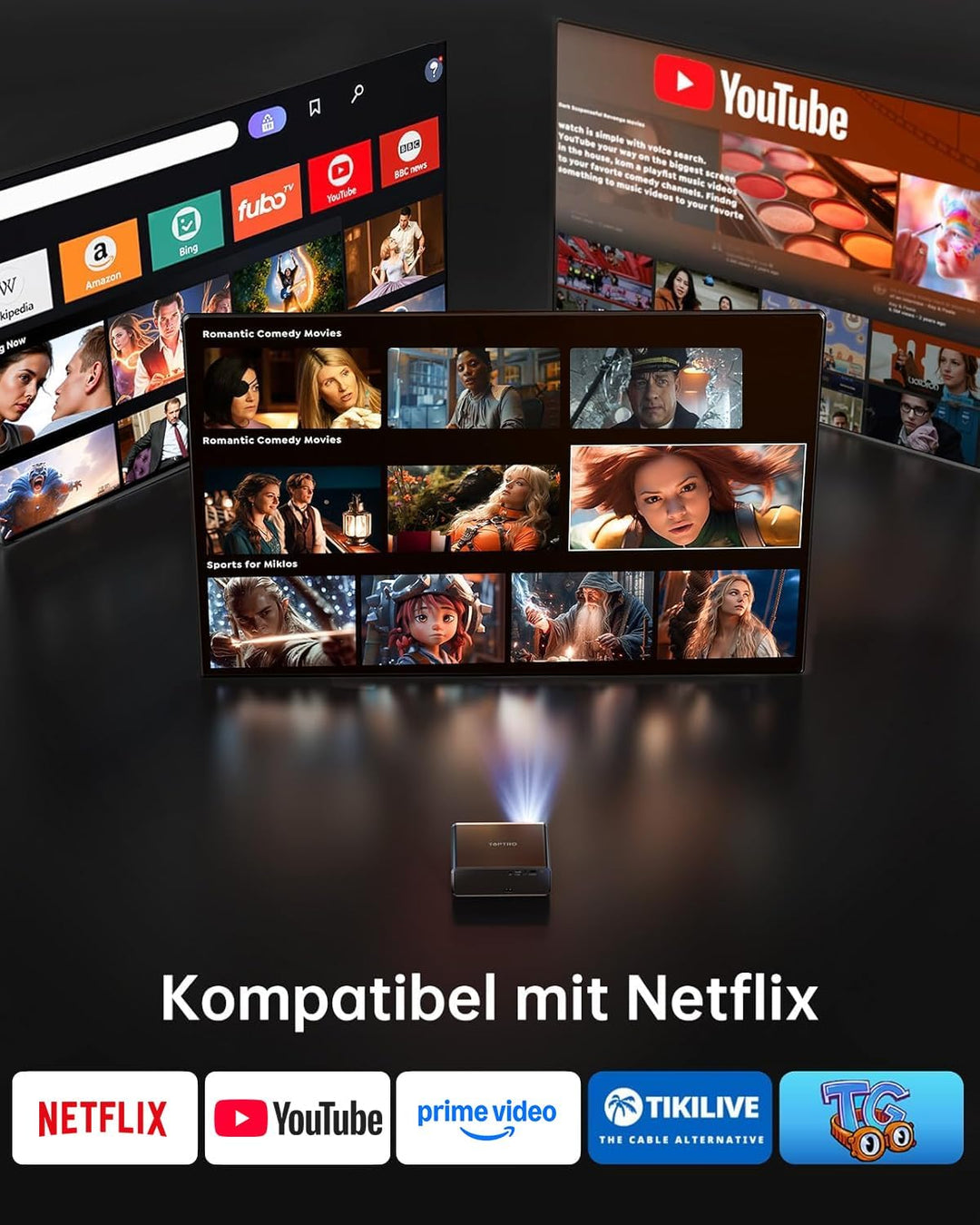Smart Beamer 4K - [Kompatibel mit Netflix & Dolby Audio] 1000 ANSI Autofokus & 6D Trapezkorrektur, T