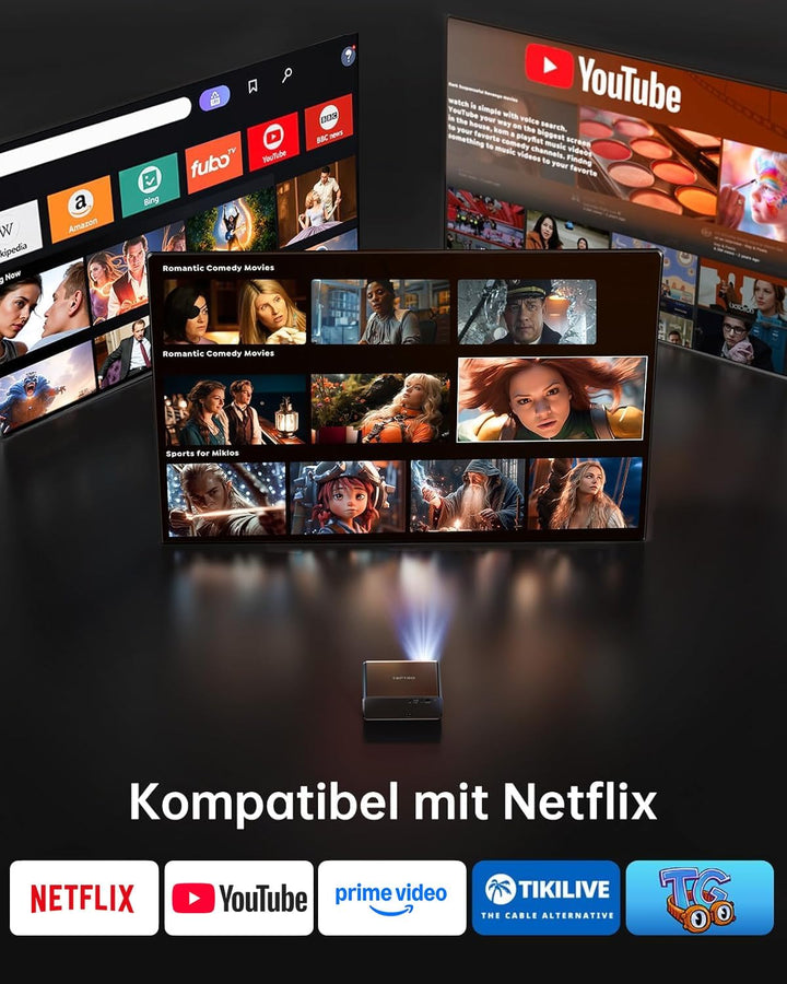 Smart Beamer 4K - [Kompatibel mit Netflix & Dolby Audio] 1000 ANSI Autofokus & 6D Trapezkorrektur, T