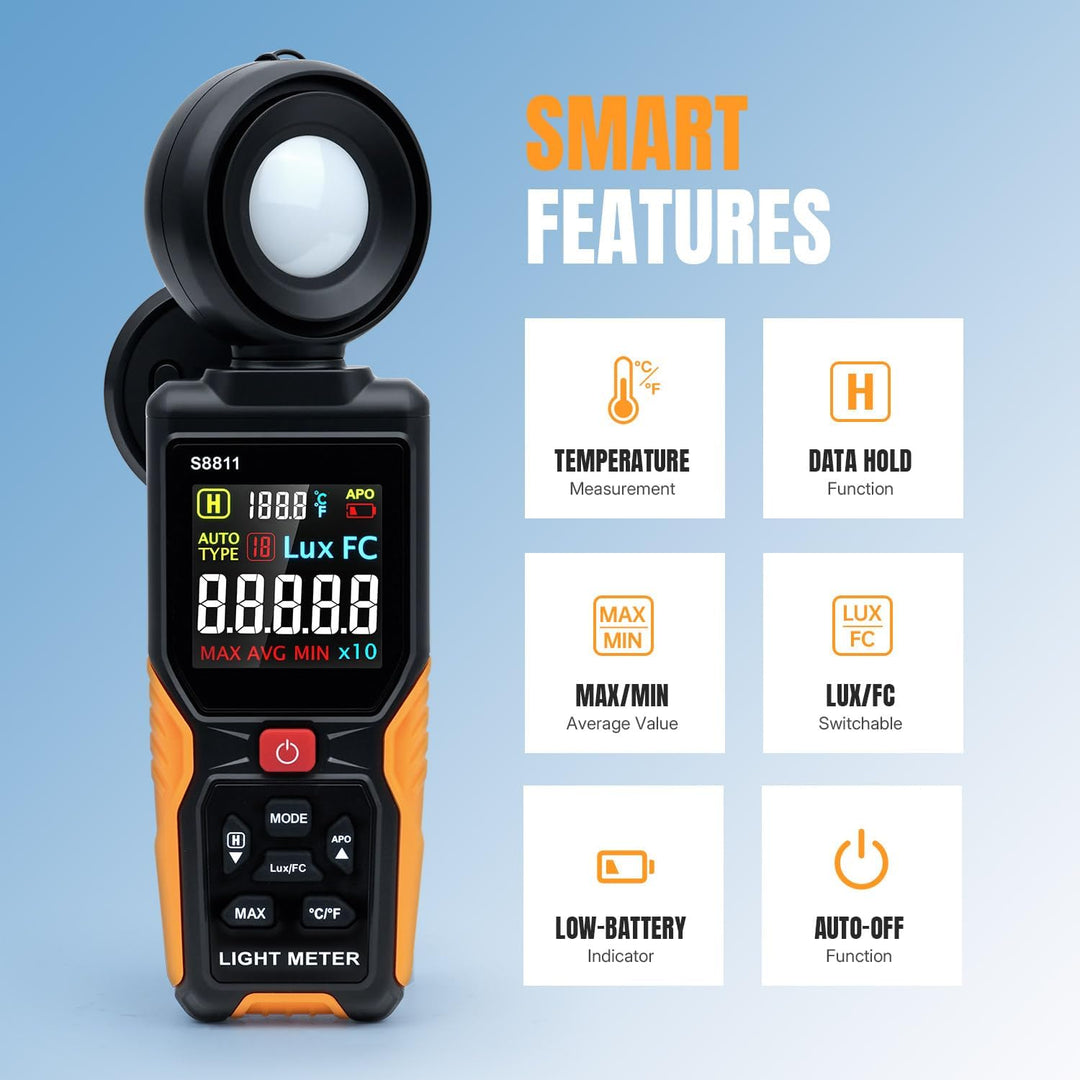 Mcbazel Digitales Luxmeter, Hochpräziser Belichtungsmesser Tragbare Photometer 200.000 Lux/FC mit 27