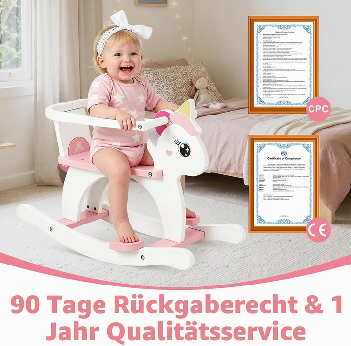 FUNLIO Holz-Einhorn-Schaukelpferd für Kinder 0,5–3 Jahre, süsses Kleinkind-Schaukelpferd mit abnehmb