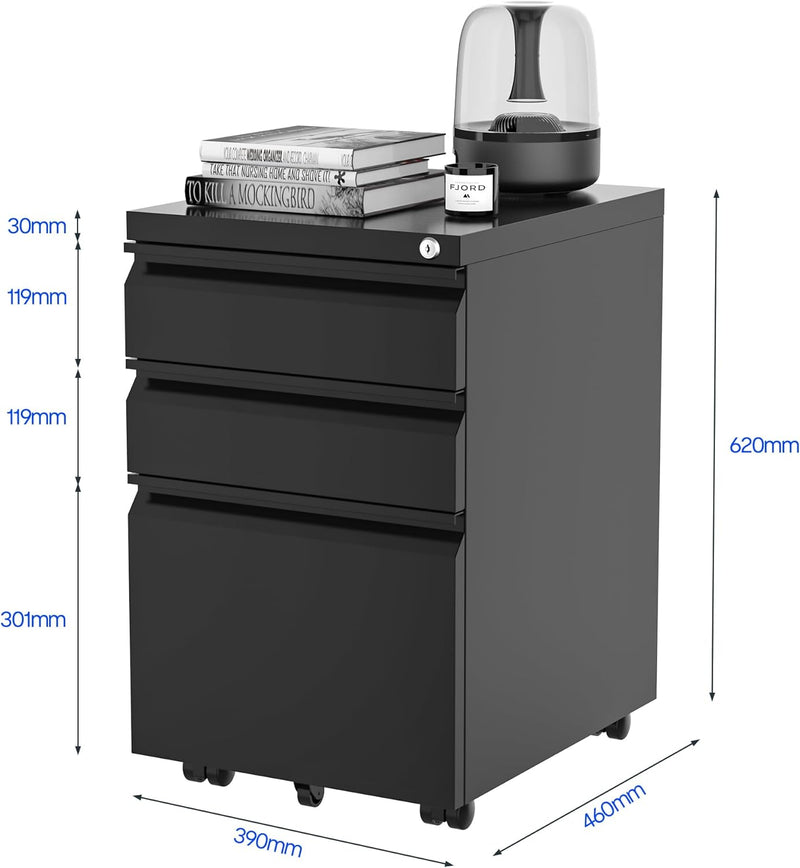 FLEXISPOT Rollcontainer, Metallschrank mit 3 Schubladen, Kommode schwarz, Aktenschrank Büroschrank S