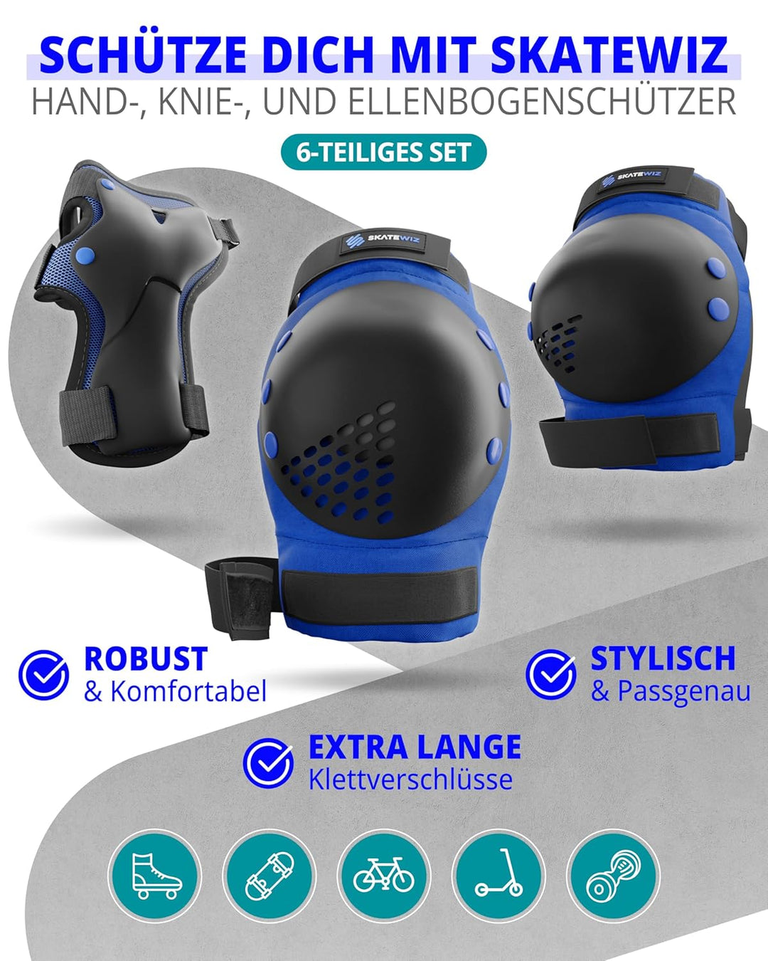 SKATEWIZ Skate Protektoren für Kinder &amp; Erwachsene in 6 Farben - Knieschützer Kinder Set [6pc] SMASH