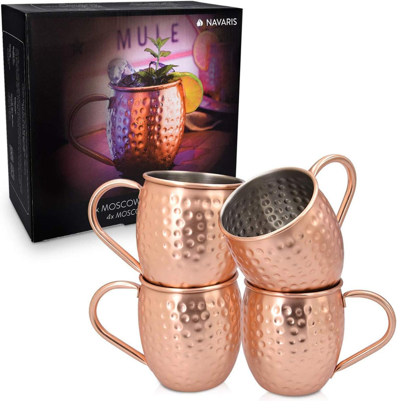 Navaris Moscow Mule Becher 4er Set - 4x Kupferbecher für Moskau Mule Gin Bier - Cocktail Mug gehämme