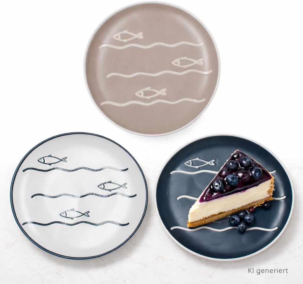 MamboCat 6er Set Dessertteller Fisch I 2X weiss, 2X beige, 2X blau I Keramik mit Fischmotiv I Ø 20,3