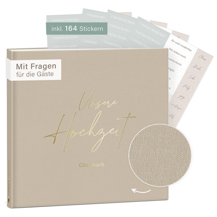 mintkind® Gästebuch Hochzeit zum Ausfüllen Beige inkl. 4 Stickerbögen | 84 Seiten mit Fragen für die