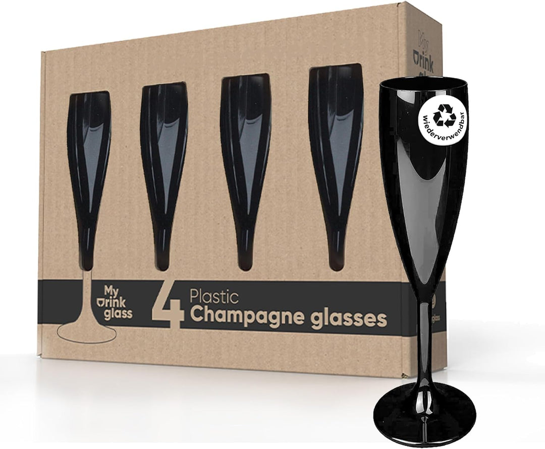 MyDrinkglass Sektgläser Plastik Givet | Schwarz Champagner Gläser | 4 Stück | Kunststoff Gläser | Ca