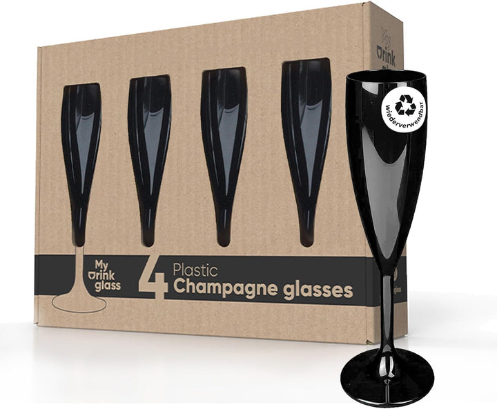 MyDrinkglass Sektgläser Plastik Givet | Schwarz Champagner Gläser | 4 Stück | Kunststoff Gläser | Ca