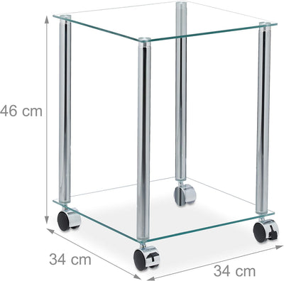 Relaxdays Beistelltisch mit Rollen, 2 Ablagen, eckig, Wohnzimmer, Glas & Stahl, mobiler Couchtisch,