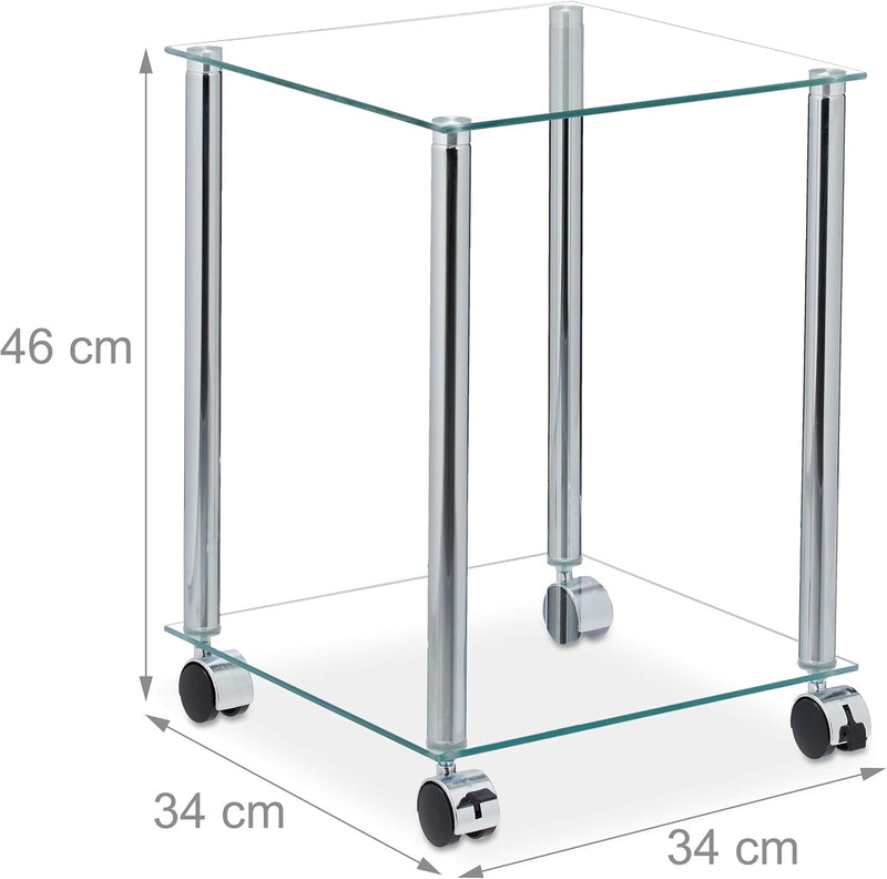 Relaxdays Beistelltisch mit Rollen, 2 Ablagen, eckig, Wohnzimmer, Glas & Stahl, mobiler Couchtisch,