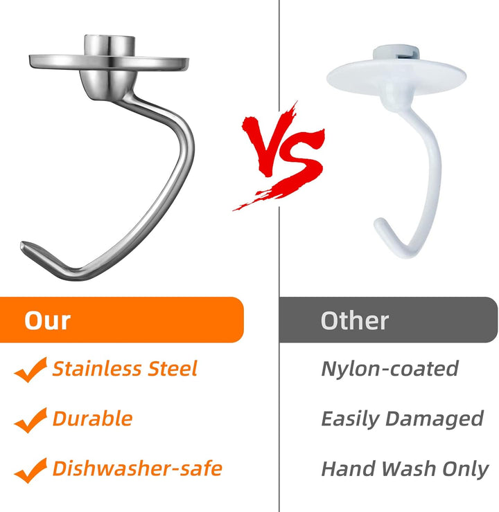 Gdrtwwh Edelstahl-Teighakenaufsatz für KitchenAid 4,3-Liter und 4,8-Liter Standmixer, Ersatzteil-Bro