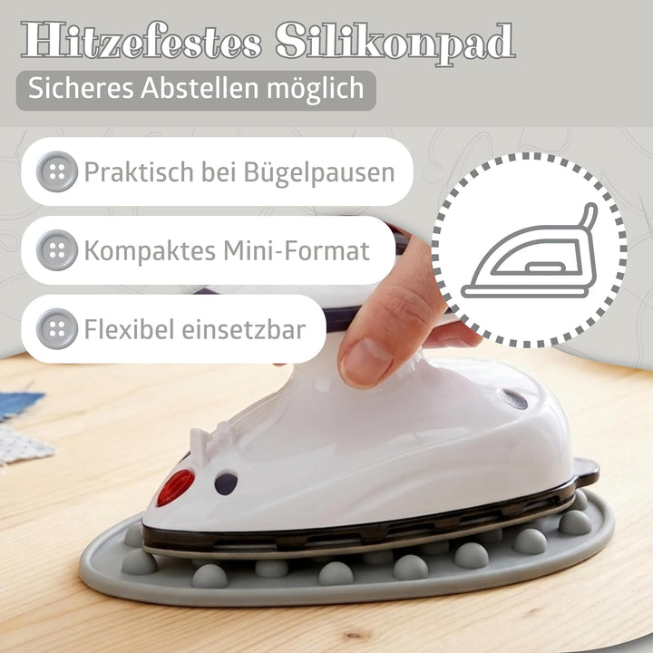 Prym Mini Dampf Bügeleisen Mit SEMPLIX Silikon Ablage (grau) Im Set, Kleines Leichtes Dampf Bügeleis