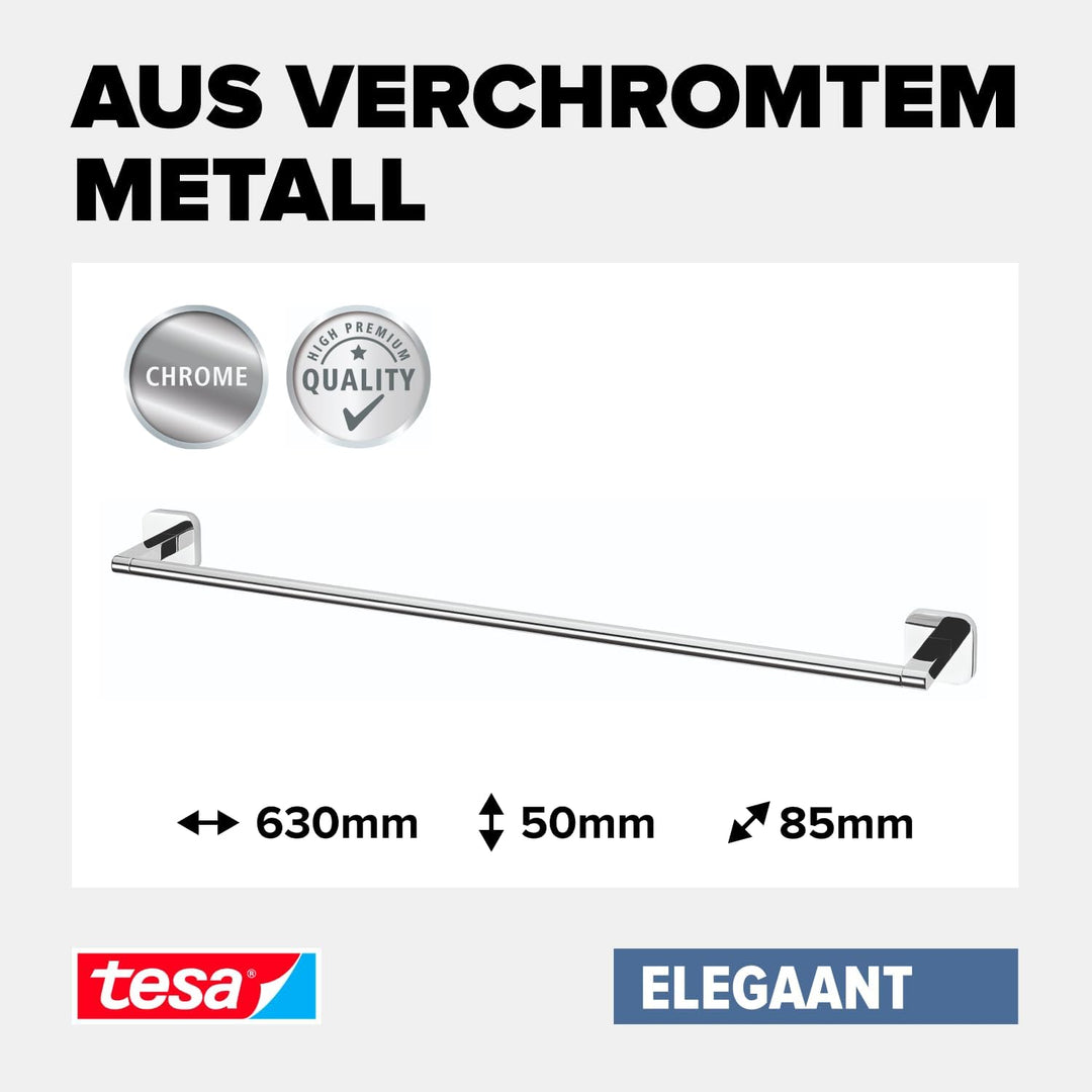 tesa ELEGAANT Handtuchstange, verchromt - Badetuchhalter zur Wandbefestigung ohne Bohren, inkl. Kleb