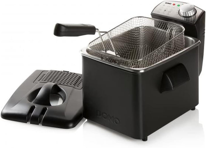 Grosse Kaltzonen Fritteuse Edelstahl in Schwarz, Sichtdeckel & Filter 3200Watt 4,5Ltr.