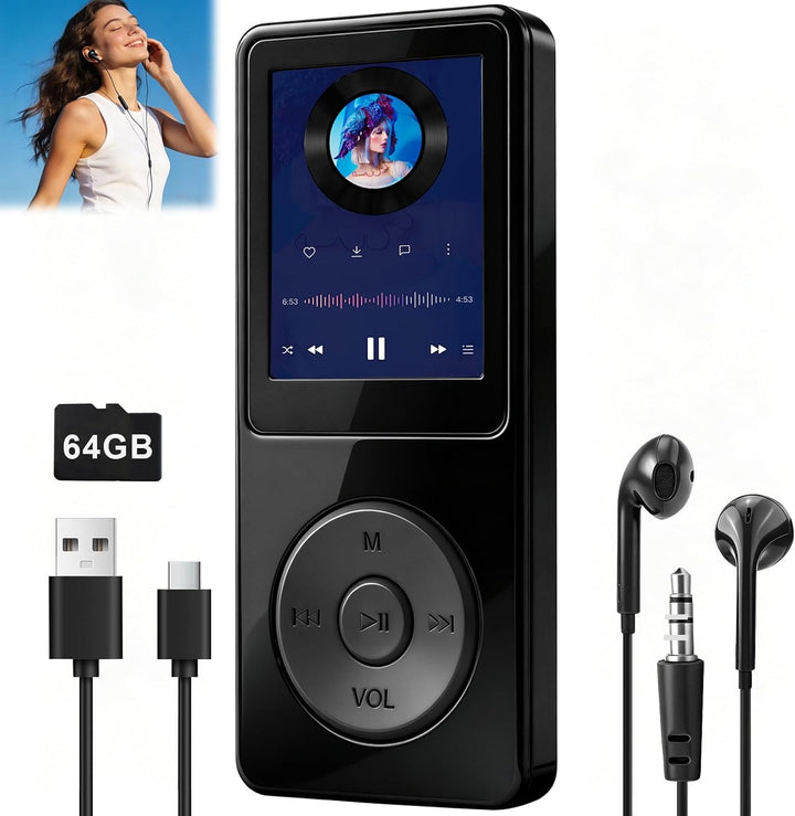 64GB MP3 Player Bluetooth 5.3 mit 1.8" TFT Farbbildschirm HiFi Musik Kinder MP3-Player mit Lautsprec