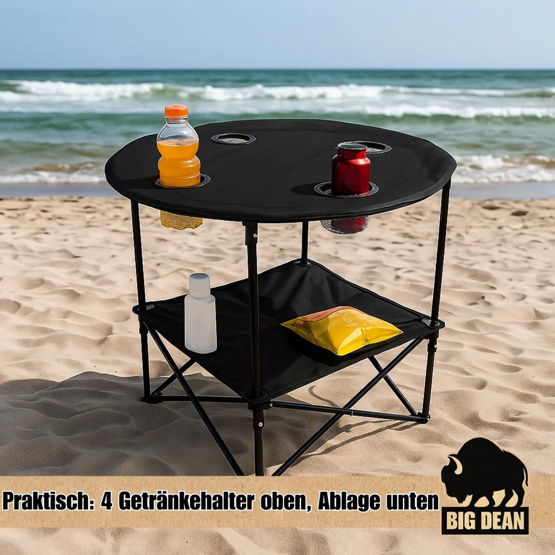 BigDean Campingtisch faltbar 4 Getränkehalter 2fache Ablage Camping Tisch Campingtisch klein inkl. T