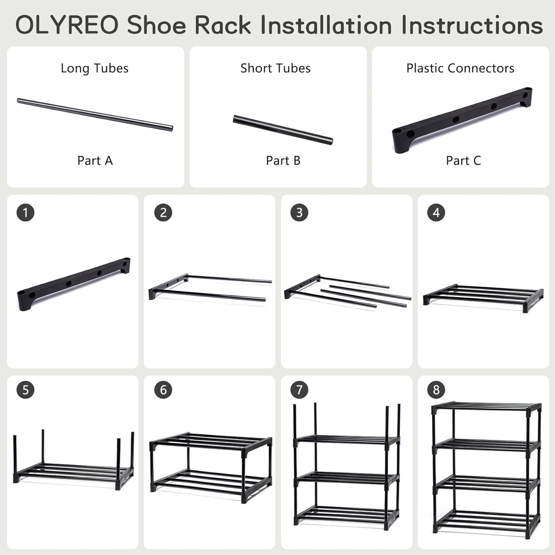 OLYREO Schuhregal mit 4 Ebenen, Schmal Platzsparend aus Metall Schwarz, Stapelbar Dauerhafte Schuhre