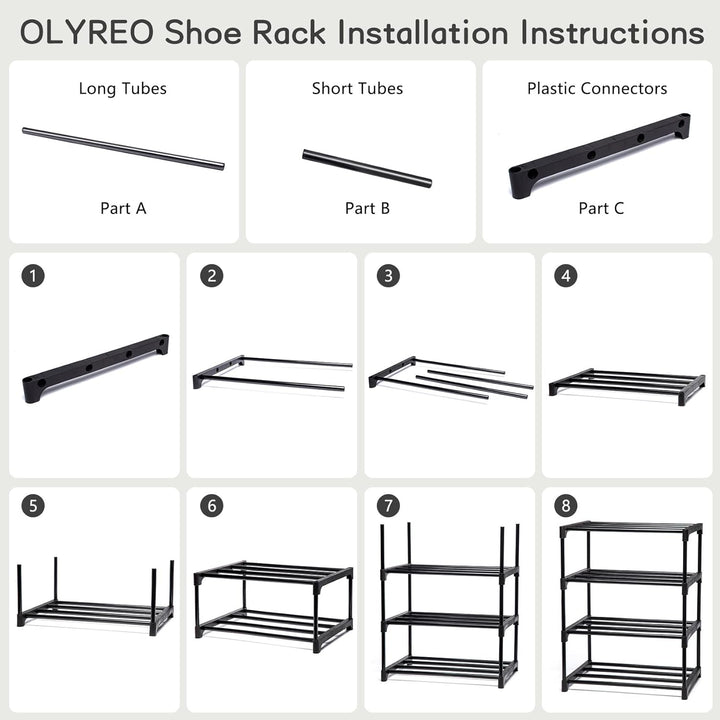 OLYREO Schuhregal mit 4 Ebenen, Schmal Platzsparend aus Metall Schwarz, Stapelbar Dauerhafte Schuhre