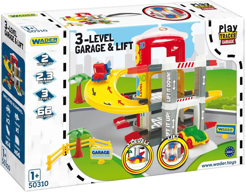 Wader 50310 Play Tracks Garage Multi Level Parkgarage auf 3 Ebenen mit 2 hochwertigen Fahrzeugen, ab