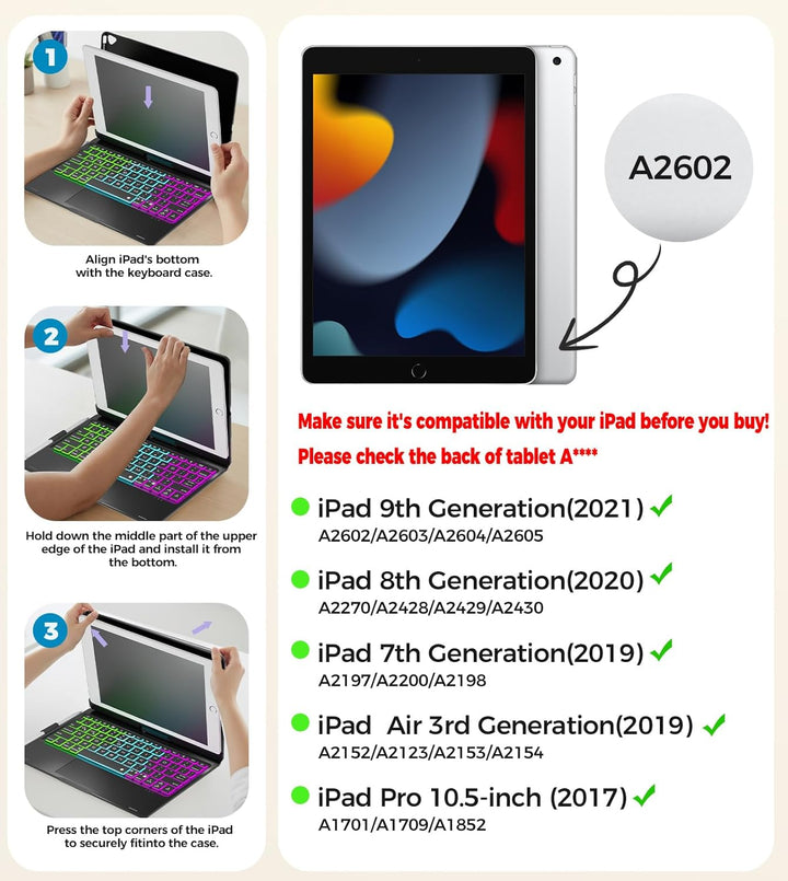 Schutzhülle für iPad 9. Generation mit Tastatur, 360° drehbar, Touchpad und 7 Farben Hintergrundbele