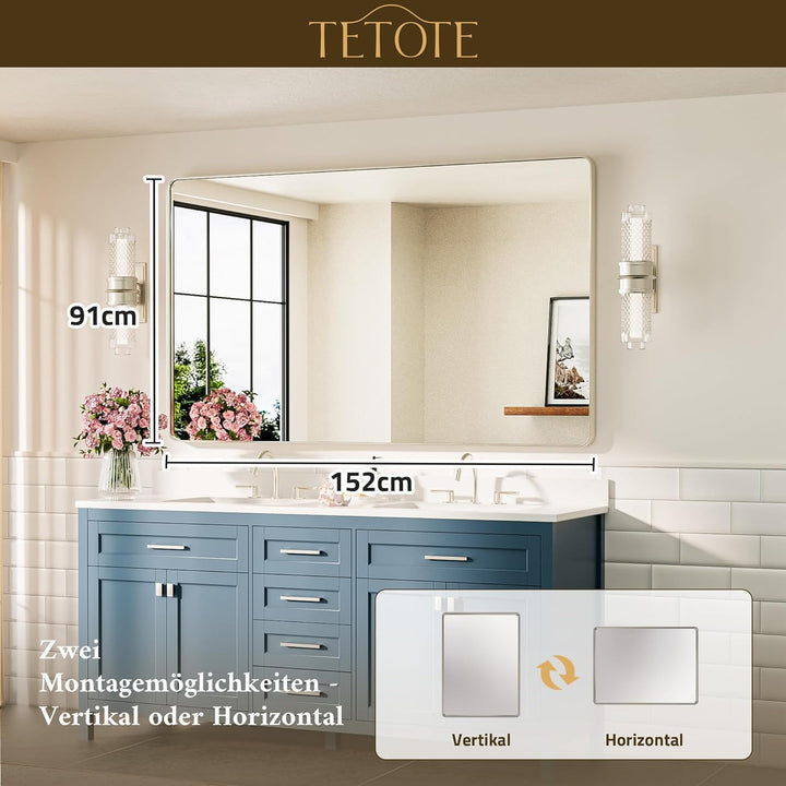 TETOTE 152x90cm Wandspiegel Nickel Ohne Beleuchtung, Rechteckig Badspiegel mit Runder Ecke, Metallra