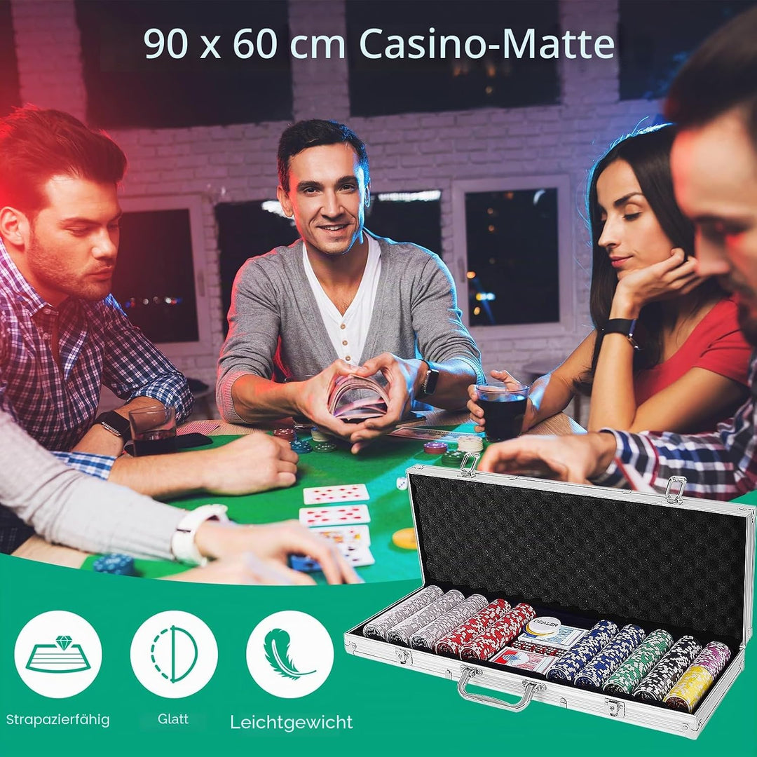 HOMASIS Pokerset mit 500 Chips, Alu Pokerkoffer mit 2 Kartendecks, 5 Würfeln, 3 Dealer Button &amp; Matt