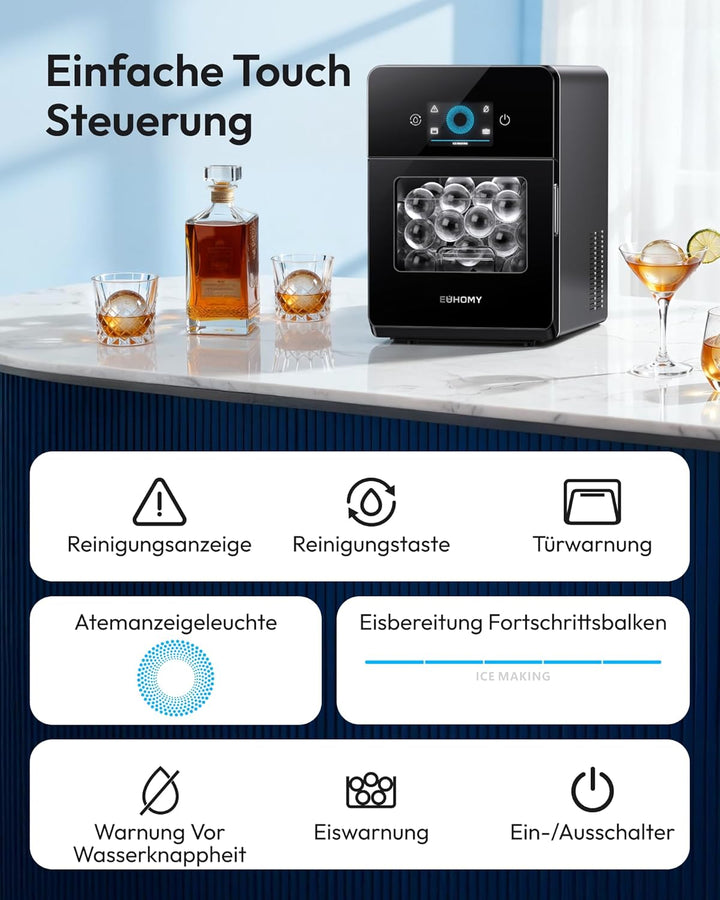 EUHOMY Kugelförmiger Eiswürfelmaschine, Eiswürfelbereiter für Grosse Eisbällen –108 Stück/Tag Selbst