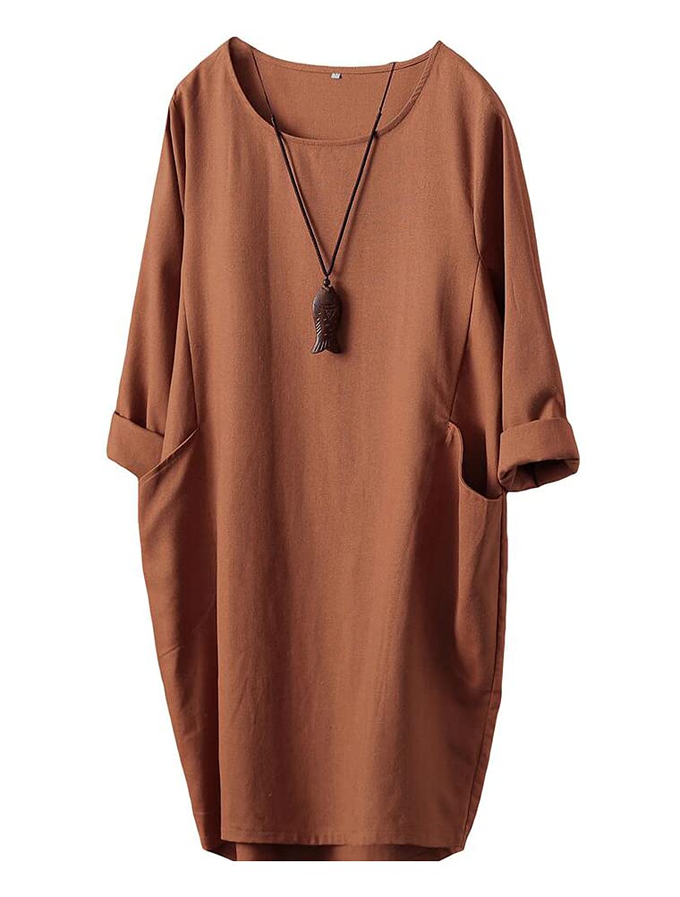 FTCayanz Damen T-Shirt Tunika Kleid Langes Leinenkleider Elegant Langarm Blusenkleid Mini Kleider M