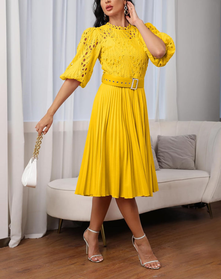 Spitzenkleid, plissiert, Puffärmel, wadenlang, kurze Ärmel, Midi-Kleid, hohles Party-Abendkleid XL G
