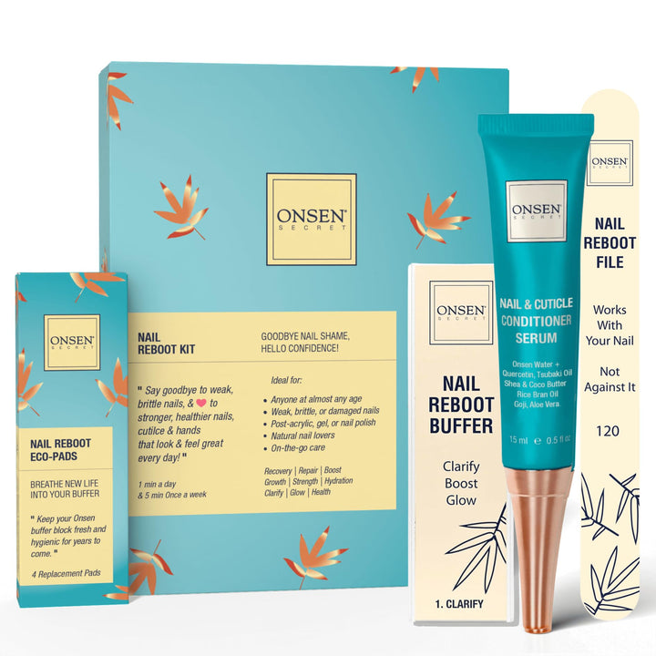 Onsen Secret Japanese Nail Kit - Cuticle Care Oil Serum | Nail Buffer and Shine Kit - Strengthening