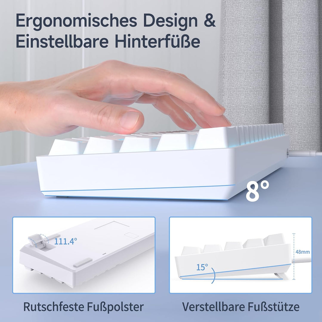 TMKB T61SE Gaming Mechanische Tastatur mit Deutsches QWERTZ Layout,Blauer Schalter,weisse QWERTZ Lay