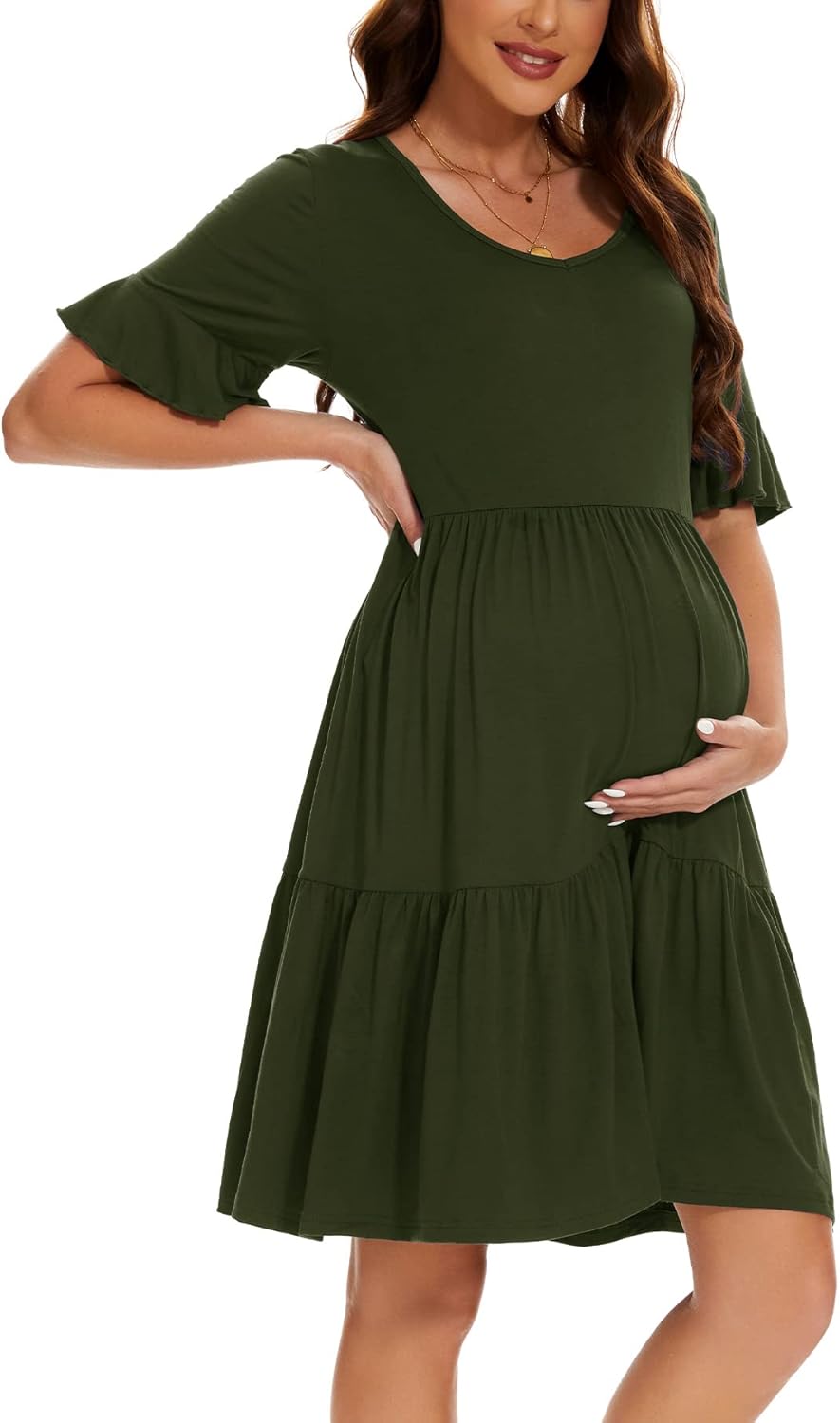 Smallshow Damen Umstandskleid Kurzarm Sommer Schwangerschafts Umstandsmode Kleid M Armeegrün, M Arme