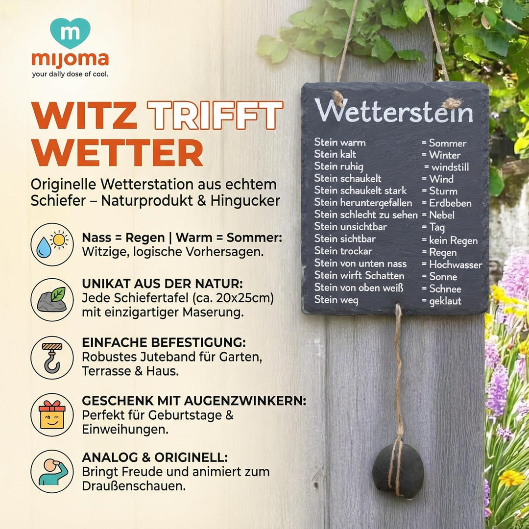 MIJOMA Wetterstein Schiefertafel – Wetterstation aus Schiefer mit Juteband – rustikale Deko für Gart