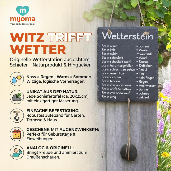 MIJOMA Wetterstein Schiefertafel – Wetterstation aus Schiefer mit Juteband – rustikale Deko für Gart