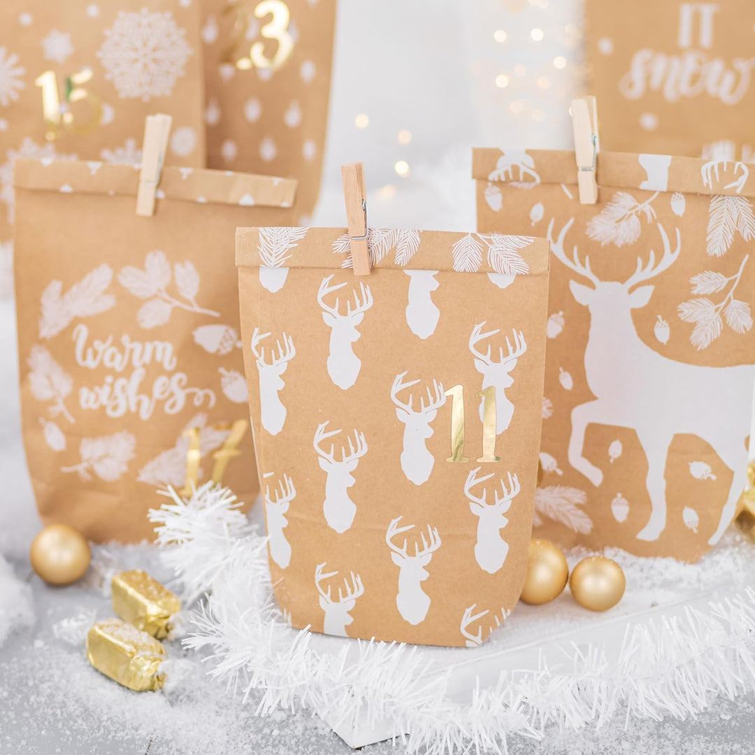 Papierdrachen Adventskalender 2025 zum Befüllen - 24 bedruckte Papiertüten mit Zahlenaufklebern & Kl