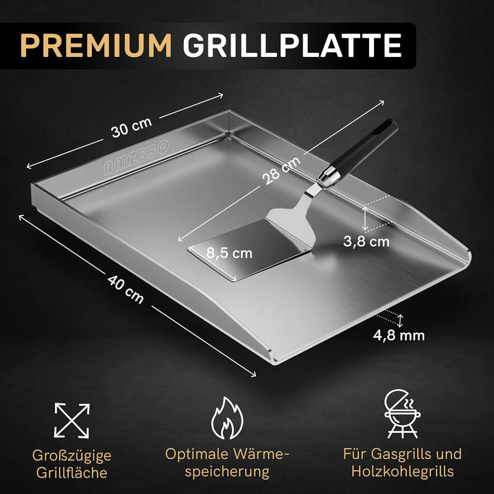 AMZBBQ® Premium Plancha Set - 40 x 30 cm - Grillplatte für Gas- & Kohlegrill - 4,8 mm massiver Edels