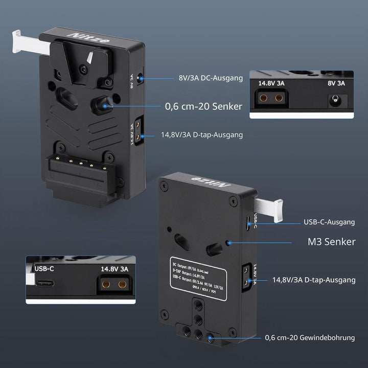 Nitze V Mount Battery Plate,V Mount Akku Batterieplatte mit Zwei 14,8 V/3A D-Tap und einem 8V/3A DC
