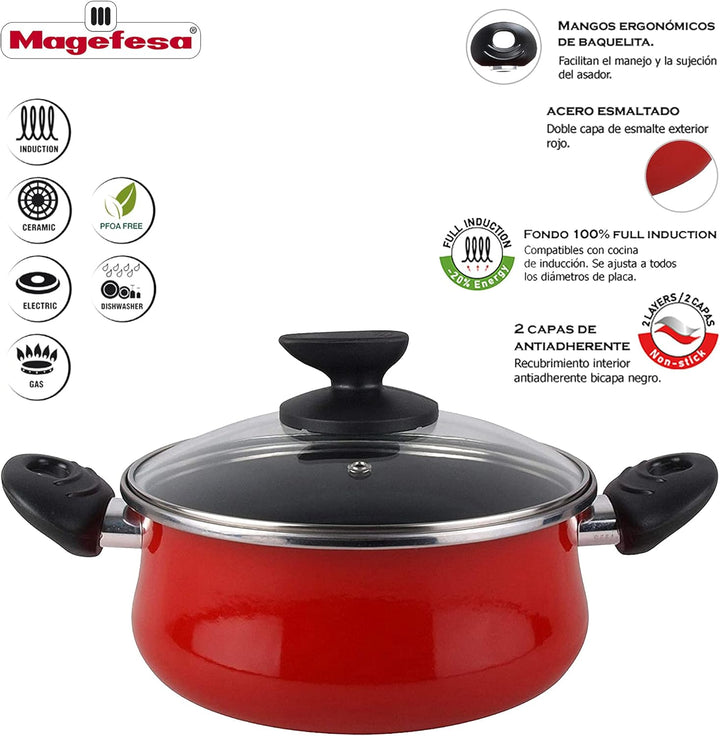 Magefesa Topf, 9,000,000 g Fassungsvermögen, Emailliertem Finish, Rot, mit Deckel, Durchmesser 20 cm