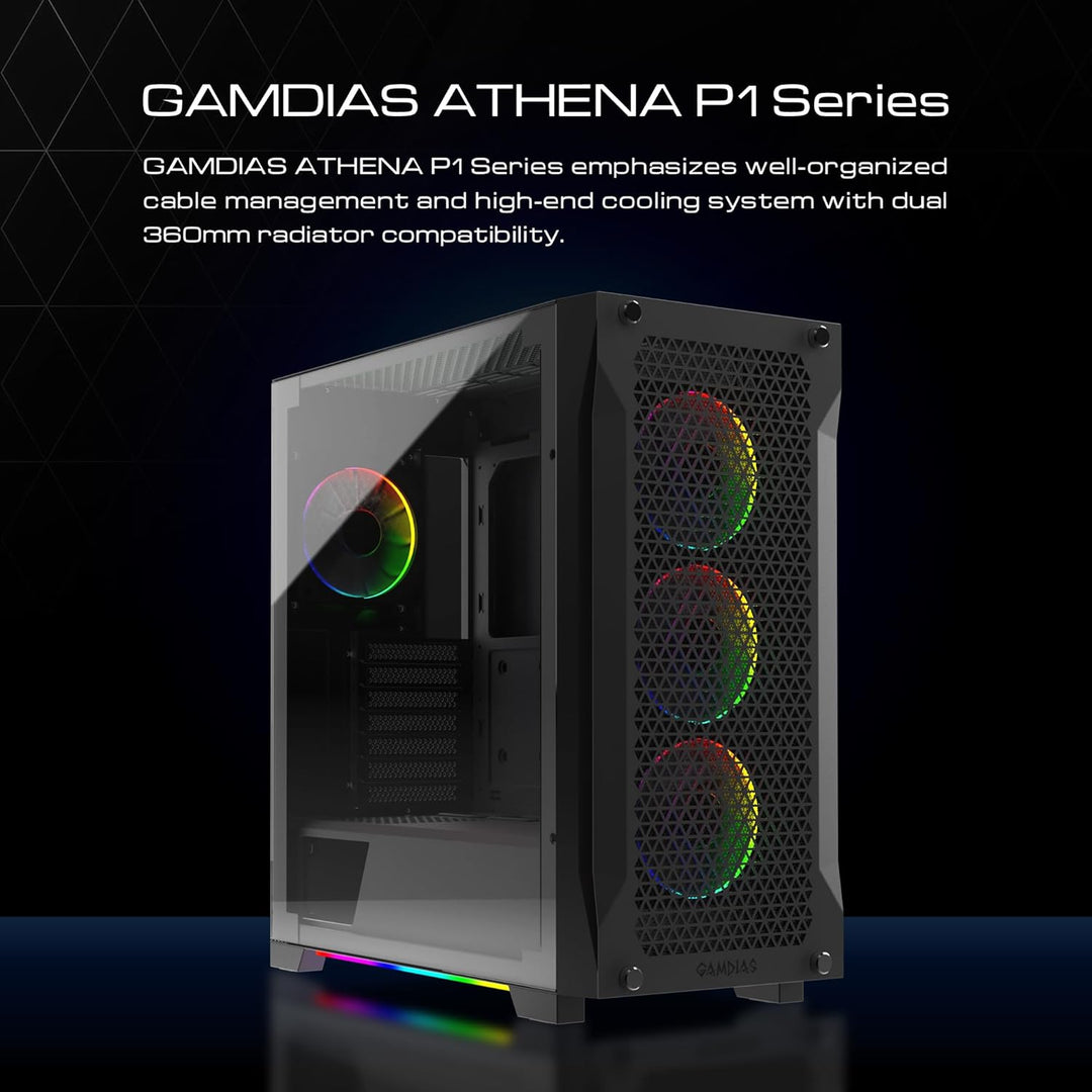 GAMDIAS Athena P1 ATX Mid Tower Gaming-PC-Gehäuse mit gehärtetem Glas und hervorragendem Luftstrom-D