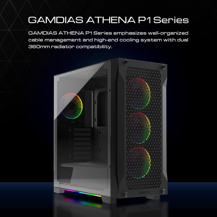 GAMDIAS Athena P1 ATX Mid Tower Gaming-PC-Gehäuse mit gehärtetem Glas und hervorragendem Luftstrom-D