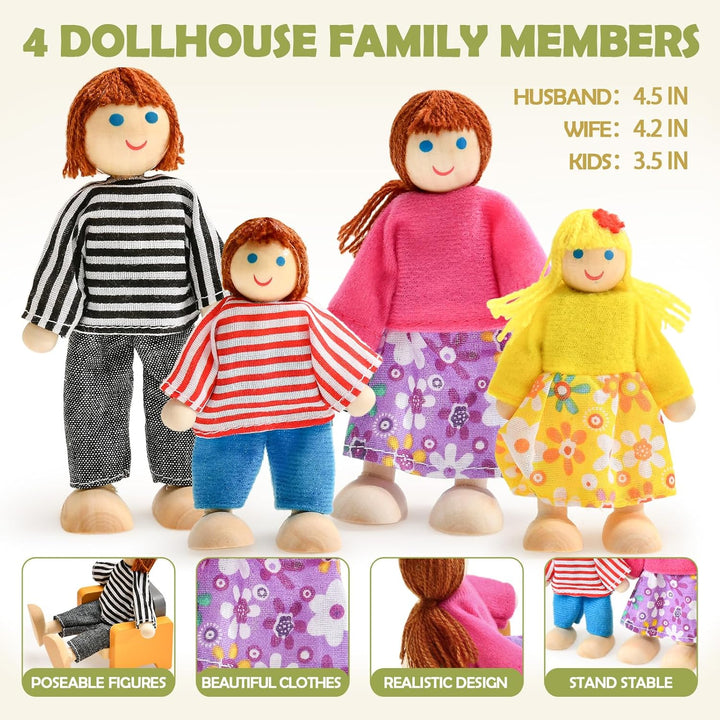 Atoylink Bunt Puppenhaus Möbel Set aus Holz, Puppen Zubehör Spielzeug mit Puppenhaus Puppen, Rollens
