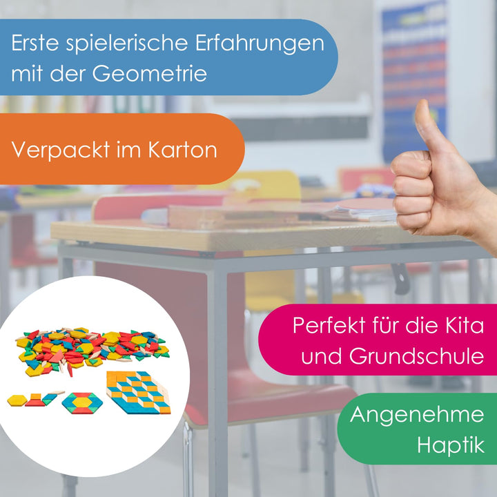 WISSNER Montessori Pattern Blocks Geometrie Formen 250 Teile - Pädagogisches RE-Wood Tangram Kinder-