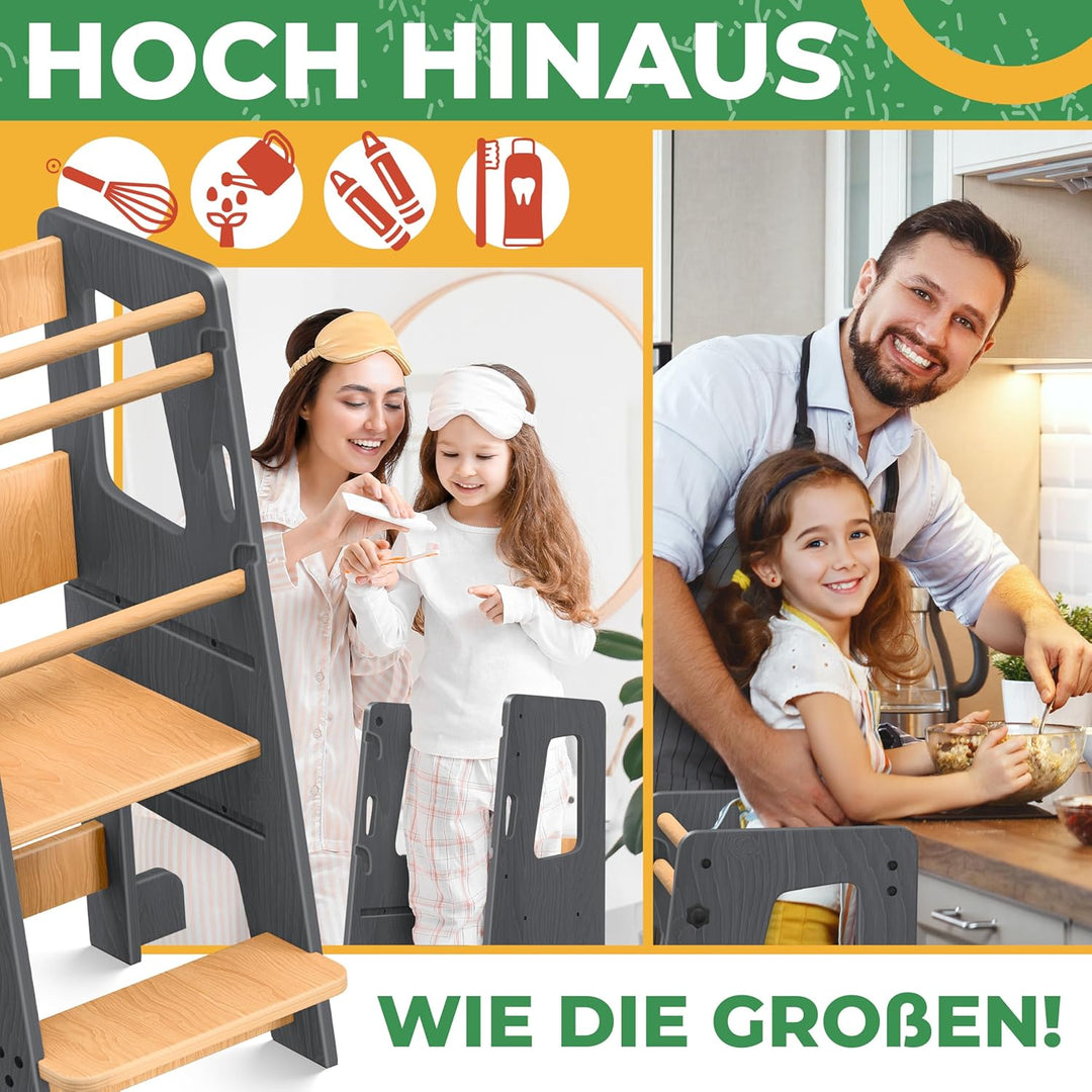 KIDIZ® Lernturm für Kinder ab 1 Jahr inkl. Lernuhr | 3-stufig Höhenverstellbarer Tritthocker aus Kie