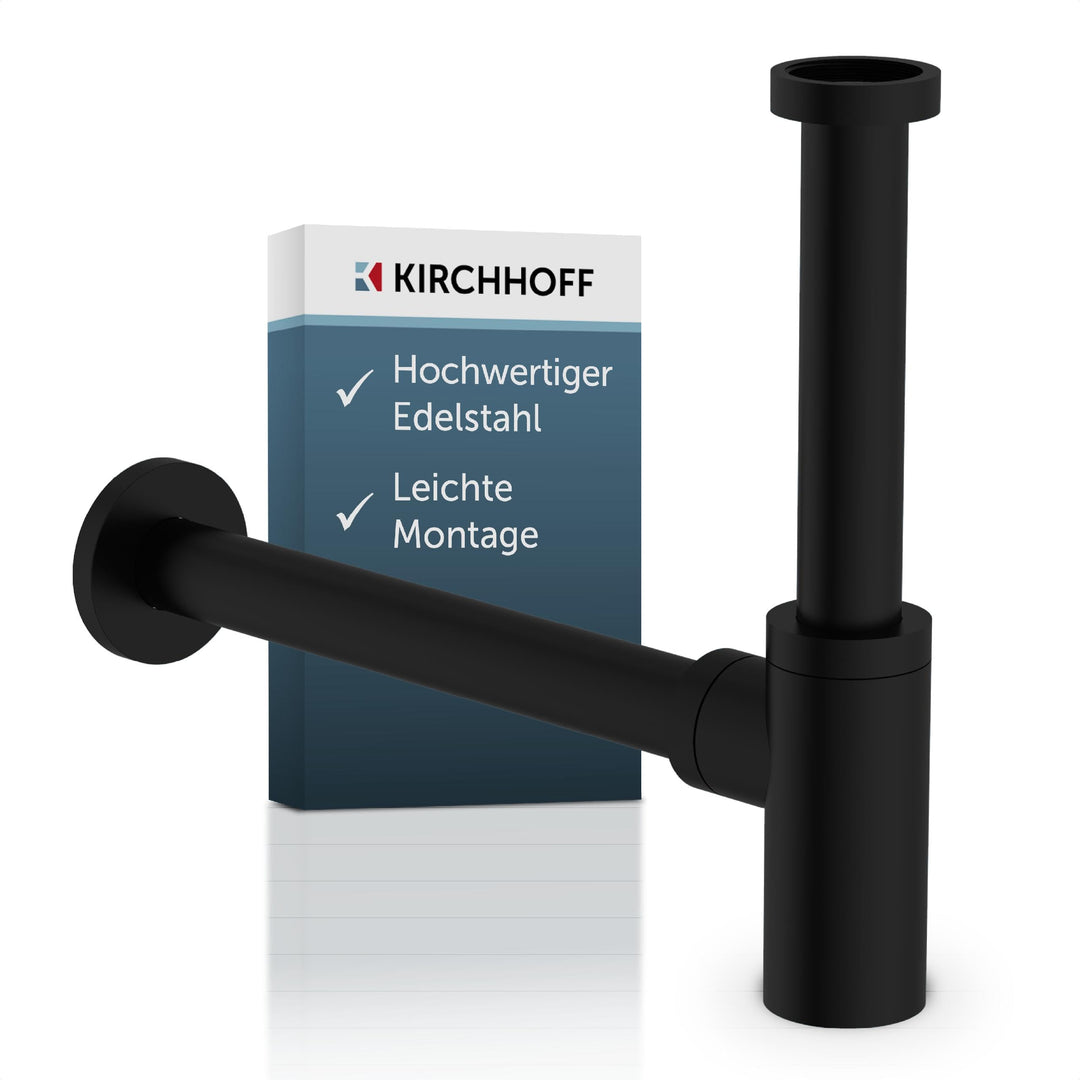 KIRCHHOFF Design Siphon, Matt Schwarzer Abfluss, Ablaufgarnitur für Waschbecken und Waschtisch, Geru