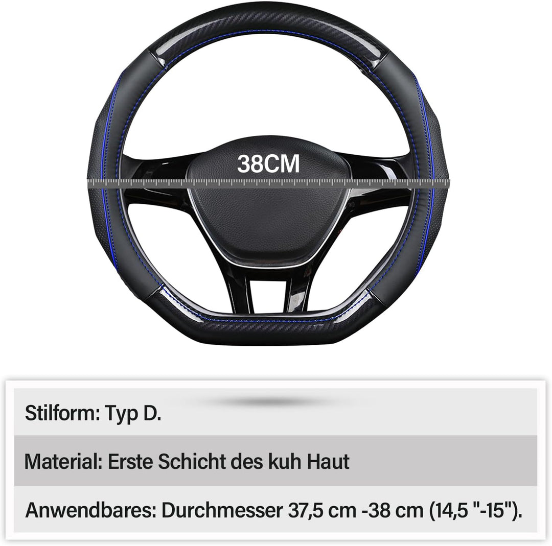 Ergocar Auto Lenkradbezug Rutschfester Auto Lenkradschutz D-Form Kohlefaser & Erste Schicht Rindsled