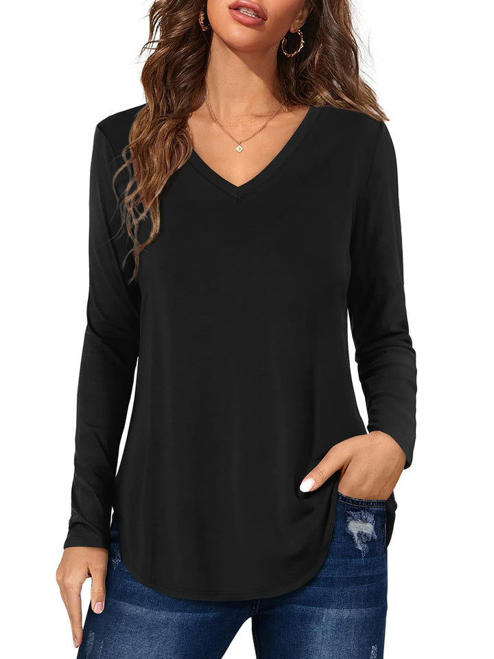 Florboom Tunika Damen Langarm/Kurzarm V Ausschnitt Oberteil Shirts Basic Casual Longshirt M A-aschwa