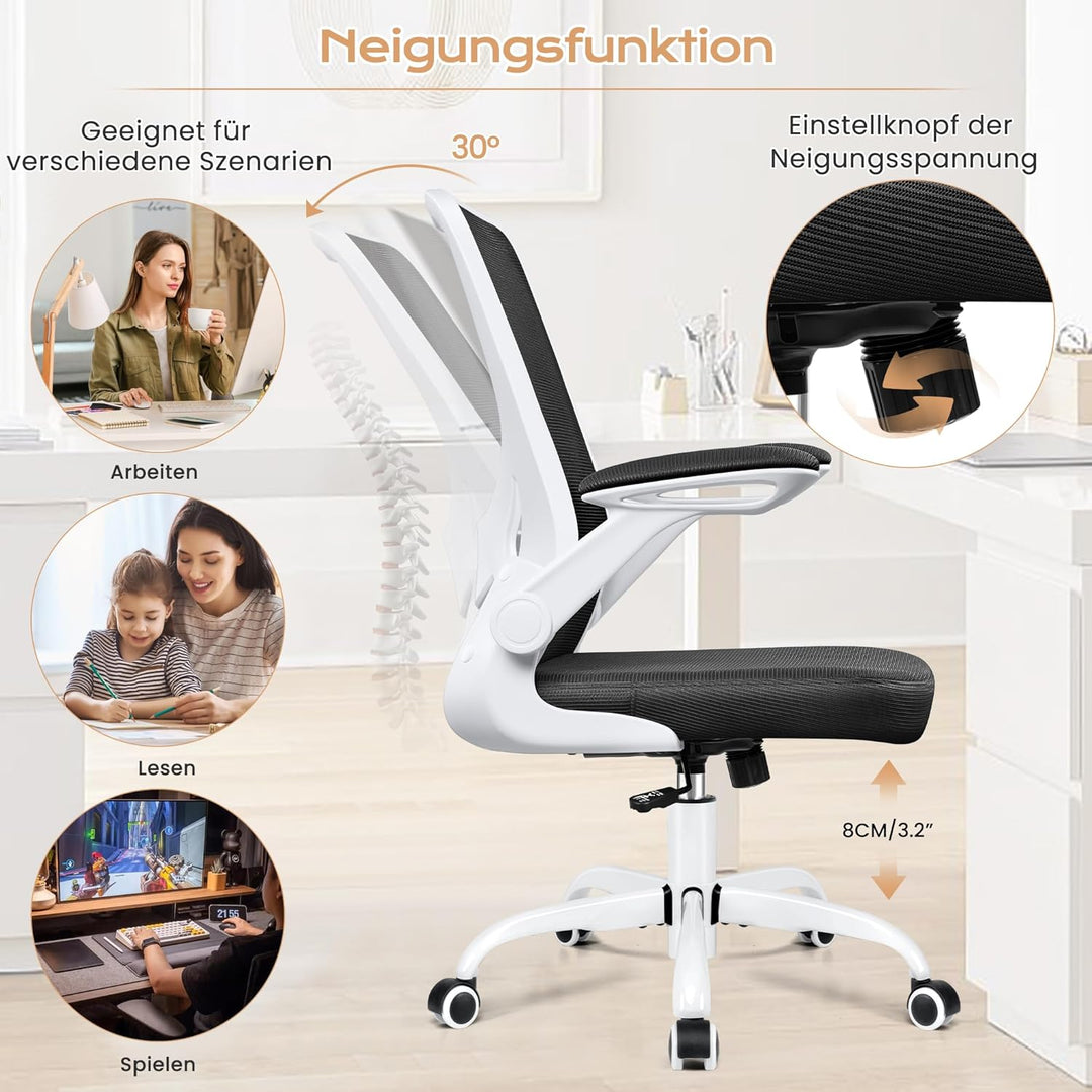 KERDOM Bürostuhl, Ergonomischer Schreibtischstuhl mit Klappbaren Armlehnen, 360° Drehstuhl Mesh Comp