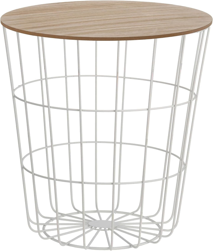 Design Beistelltisch - Metall Korb mit Holz Deckel - dekorativer Sofatisch inkl. Korbablage Weiss