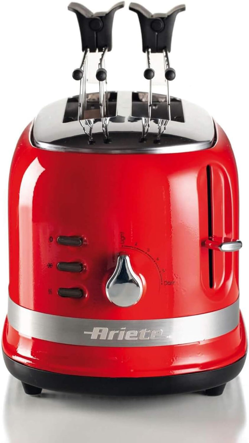 Ariete 149 Roter Toaster 2 Scheiben Modern mit Zange, Automatischer Auswurf, Krümelschublade, Auftau