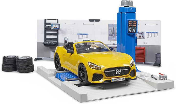 bruder 62110 - Bworld PKW-Werkstatt inklusive Roadster - 1:16 Auto-Werkstatt Mechaniker Spielzeug-Fi