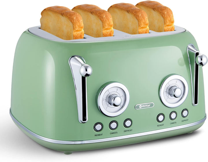 Wiltal Toaster 4 Scheiben, Toaster Langschlitz, Edelstahl Gehäuse, mit Integrierten Brötchenaufsatz,